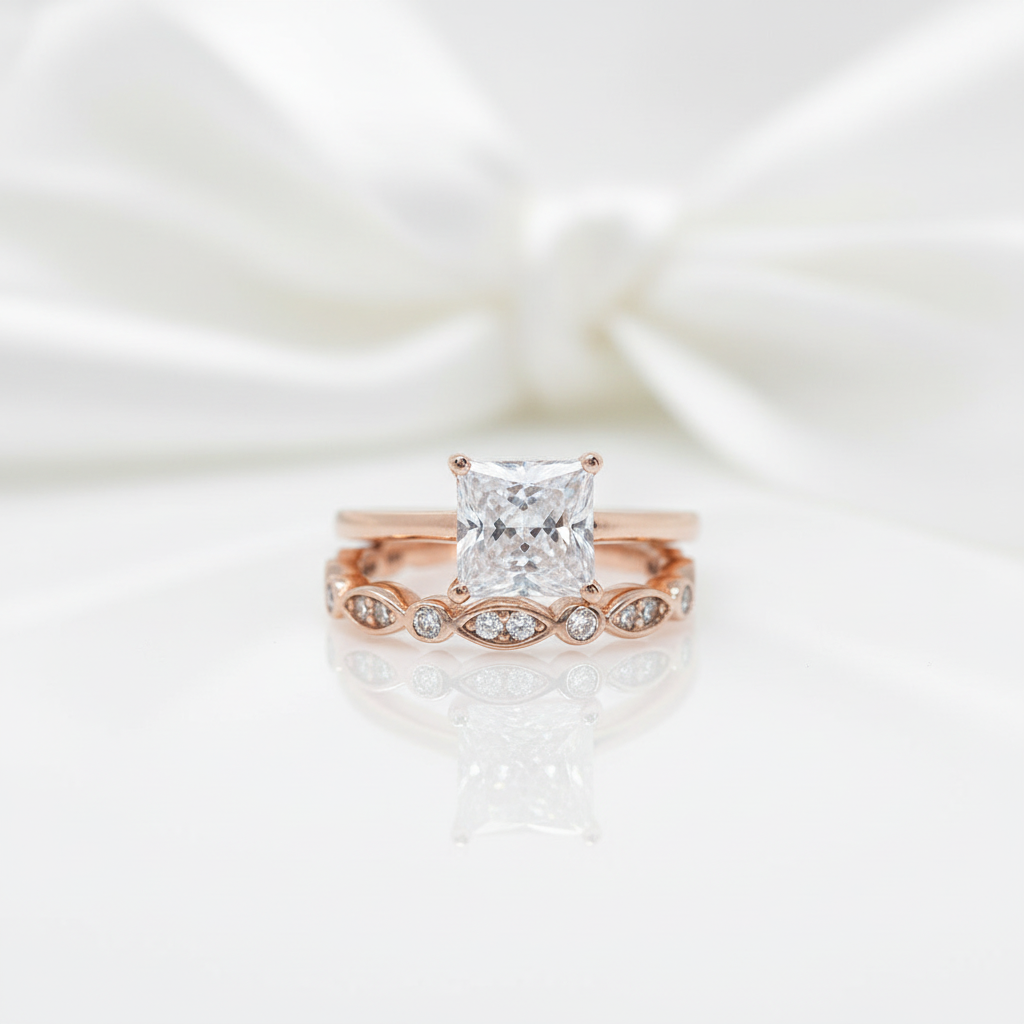 Rose Gold 2.5 Carat Princess Cut Engagement Ring Set-Black Diamonds New York