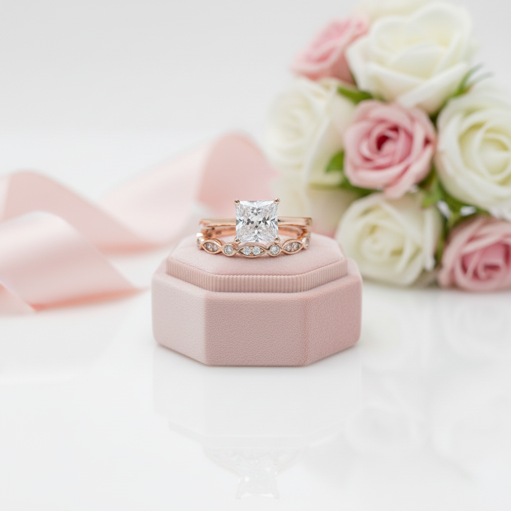 Rose Gold 2.5 Carat Princess Cut Engagement Ring Set-Black Diamonds New York