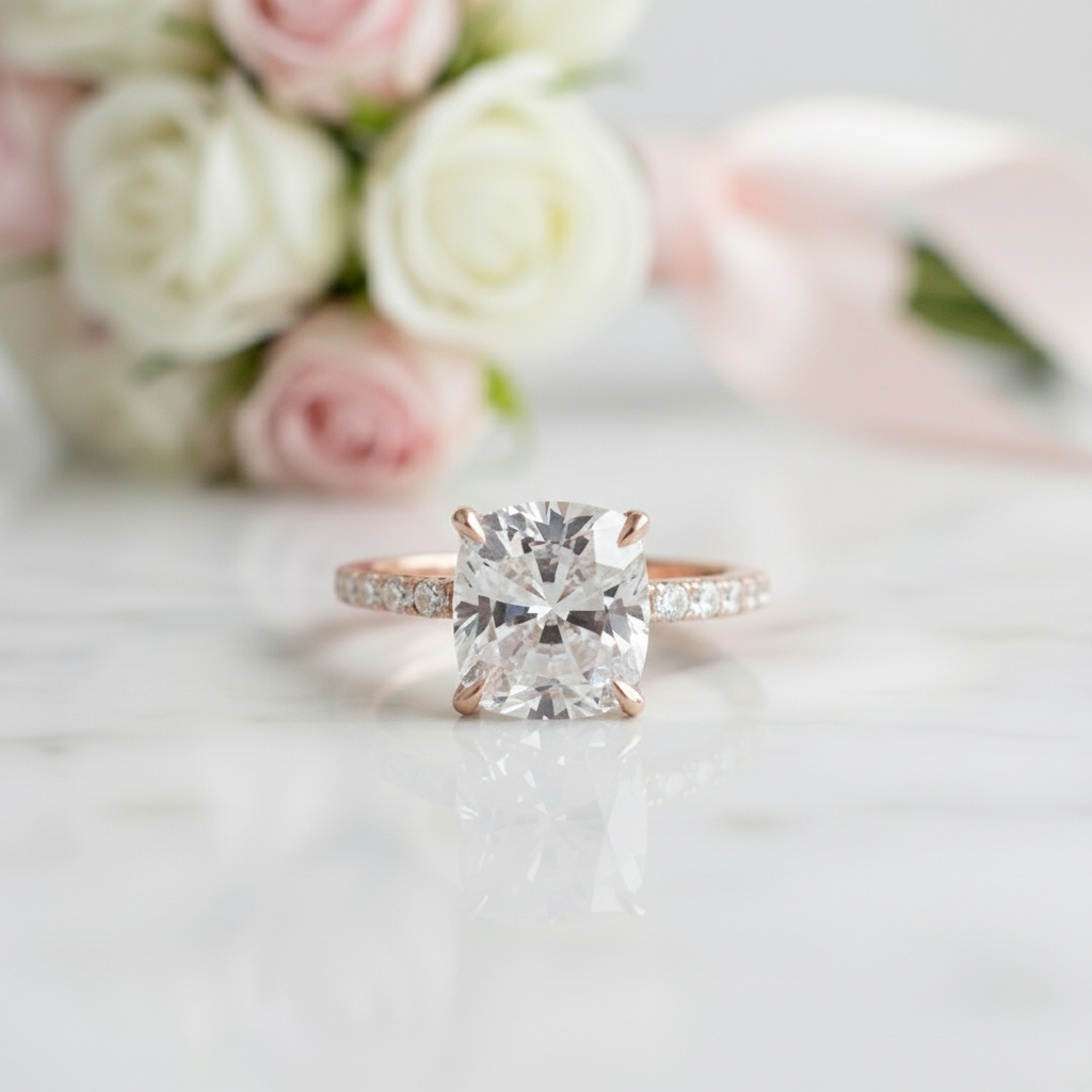 Rose Gold 3.0ct Cushion Cut White Sapphire Engagement Ring-Black Diamonds New York