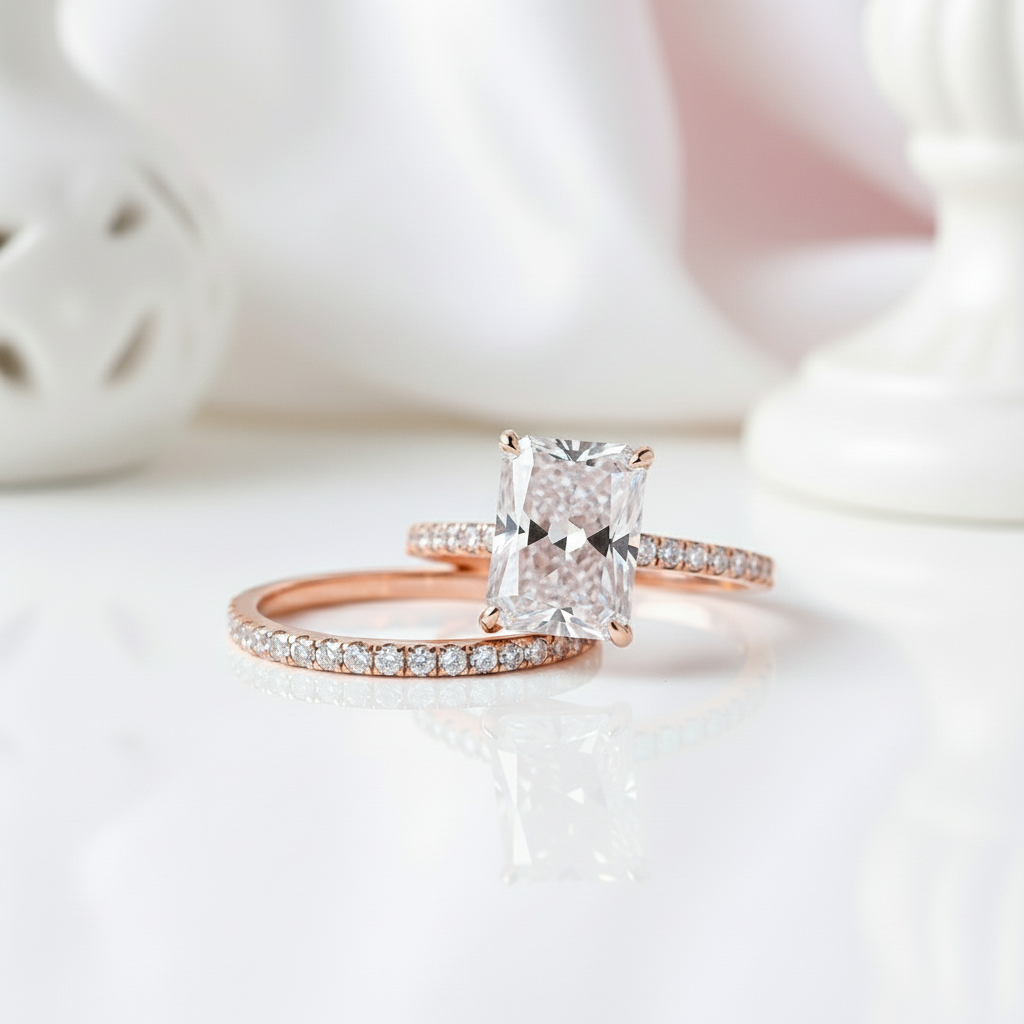 Rose Gold Radiant Cut Wedding Ring Set