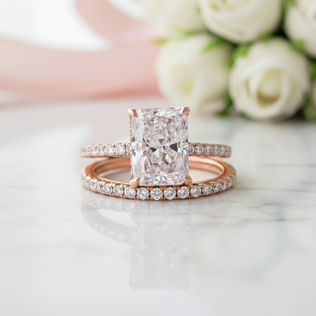 Rose Gold 3.5ct Radiant Cut Wedding Ring Set-Black Diamonds New York