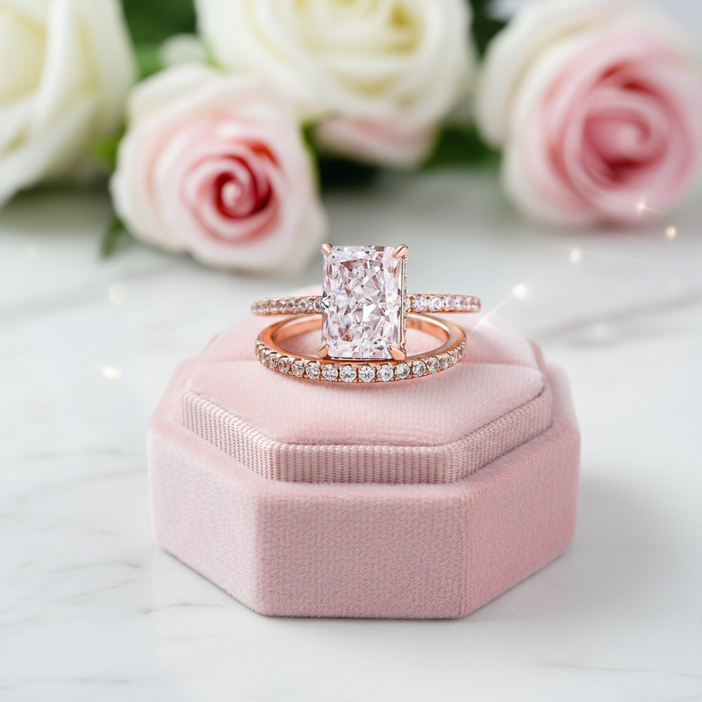 Rose Gold 3.5ct Radiant Cut Wedding Ring Set-Black Diamonds New York