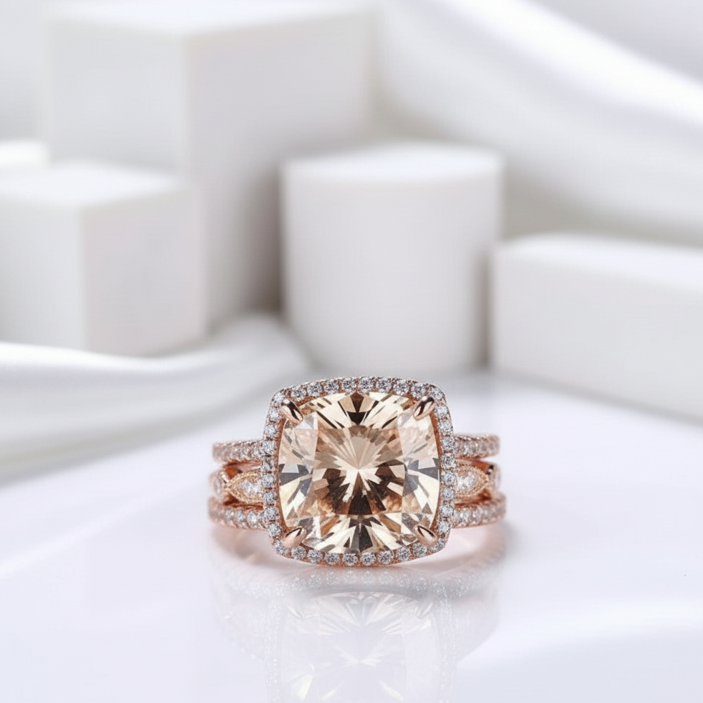 Rose Gold 3pcs Cushion Cut Champagne Stone Ring Set-Black Diamonds New York