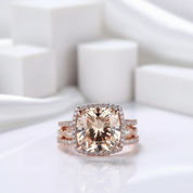 Rose Gold 3pcs Cushion Cut Champagne Stone Ring Set-Black Diamonds New York