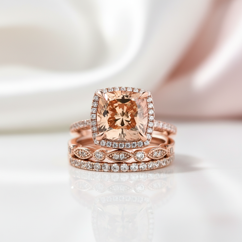 Rose Gold 3pcs Cushion Cut Champagne Stone Ring Set-Black Diamonds New York