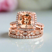 Rose Gold 3pcs Cushion Cut Champagne Stone Ring Set-Black Diamonds New York