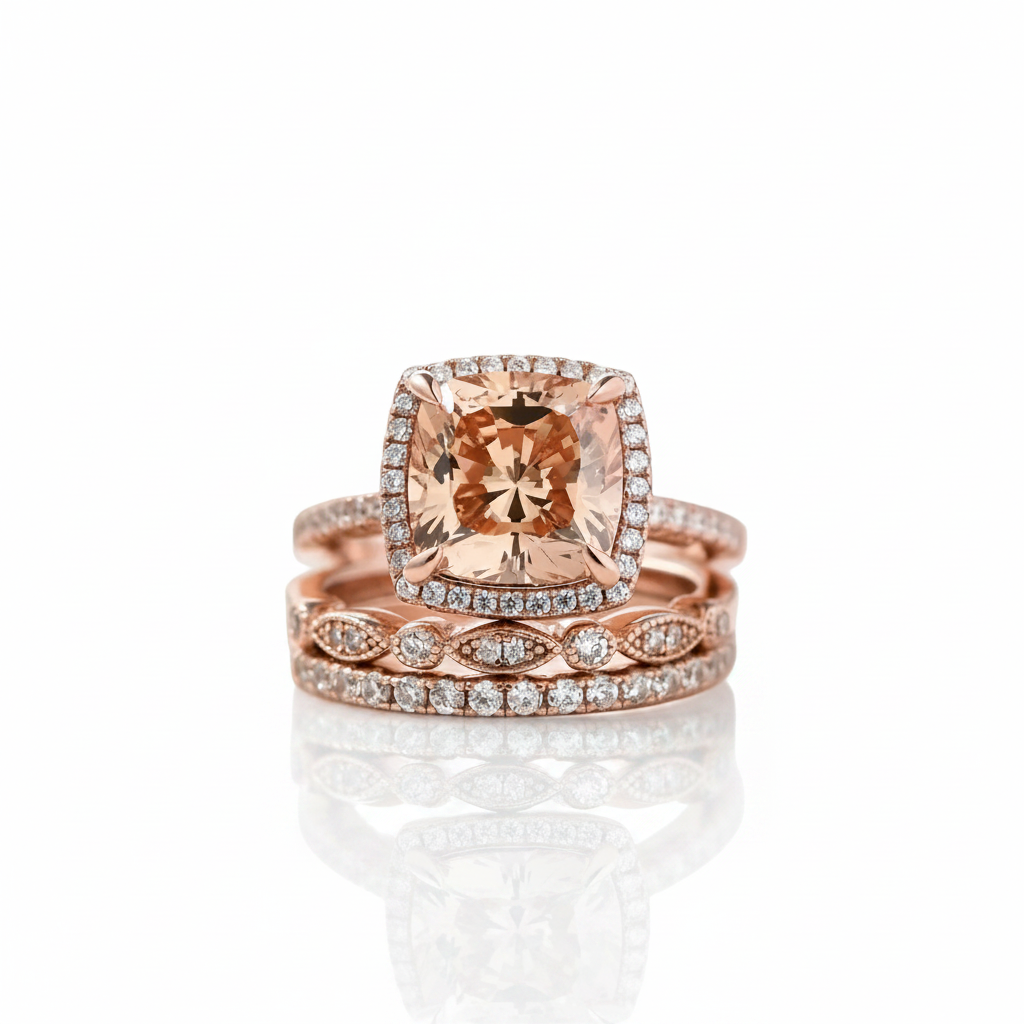Rose Gold 3pcs Cushion Cut Champagne Stone Ring Set-Black Diamonds New York