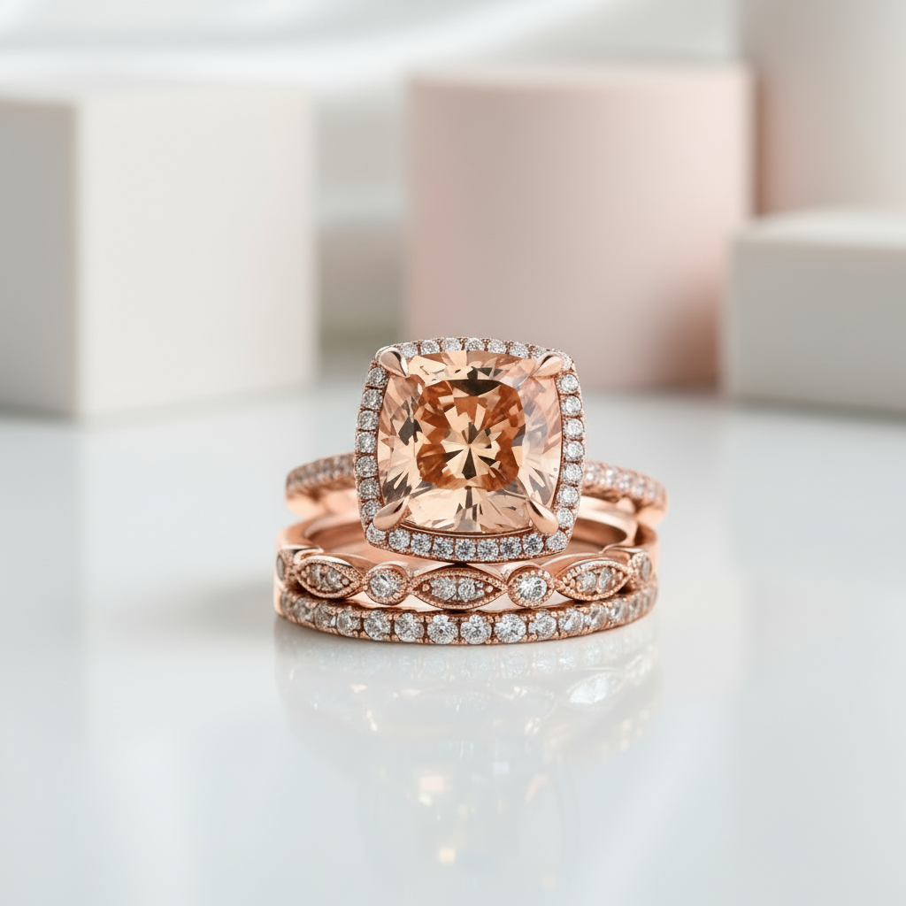 Rose Gold 3pcs Cushion Cut Champagne Stone Ring Set-Black Diamonds New York