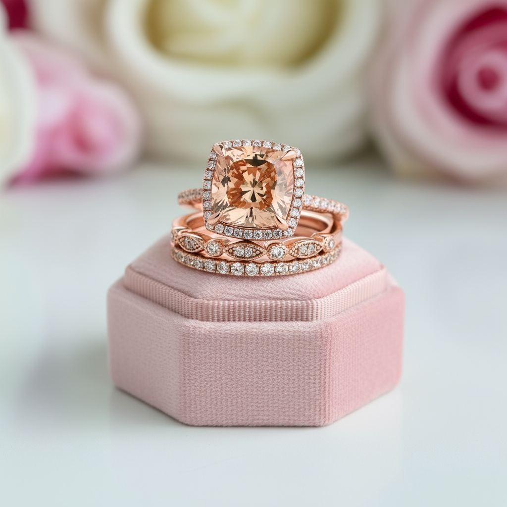 Rose Gold 3pcs Cushion Cut Champagne Stone Ring Set-Black Diamonds New York