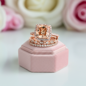 Rose Gold 3pcs Cushion Cut Champagne Stone Ring Set-Black Diamonds New York