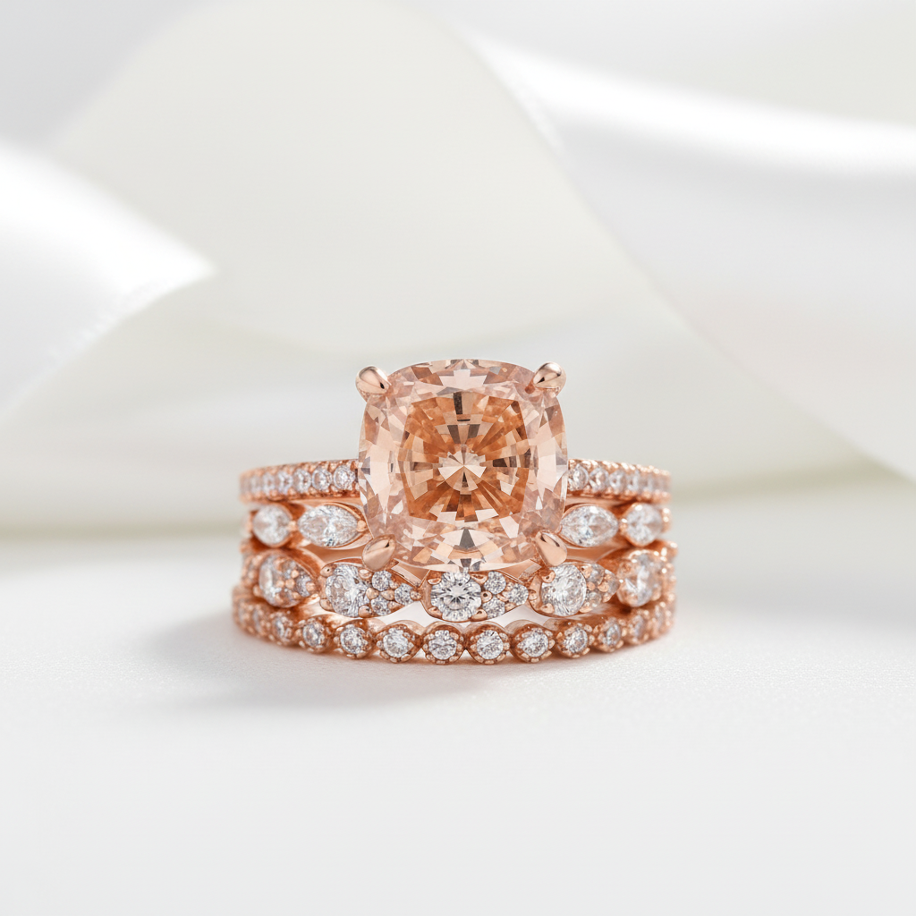 Rose Gold 5ct Cushion Cut Champagne Stone 3PC Ring Set-Black Diamonds New York