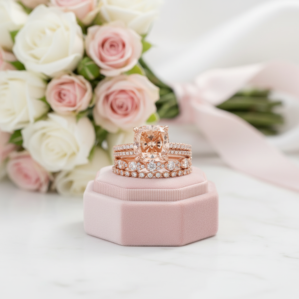 Rose Gold 5ct Cushion Cut Champagne Stone 3PC Ring Set-Black Diamonds New York