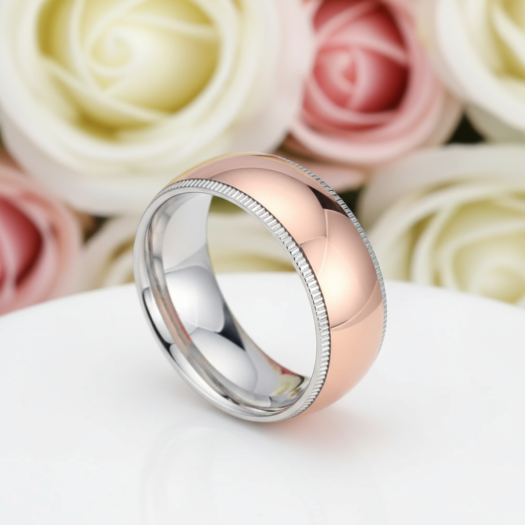 8mm Rose Gold Simple Dome Titanium Wedding Band-Black Diamonds New York