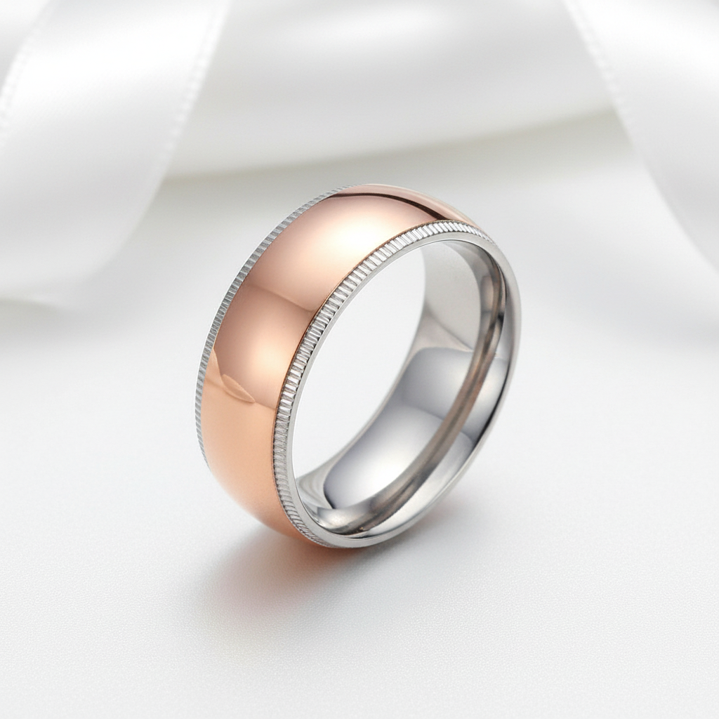 8mm Rose Gold Simple Dome Titanium Wedding Band-Black Diamonds New York