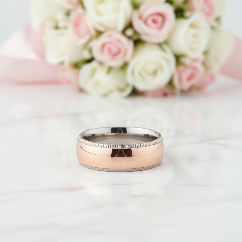 8mm Rose Gold Simple Dome Titanium Wedding Band-Black Diamonds New York