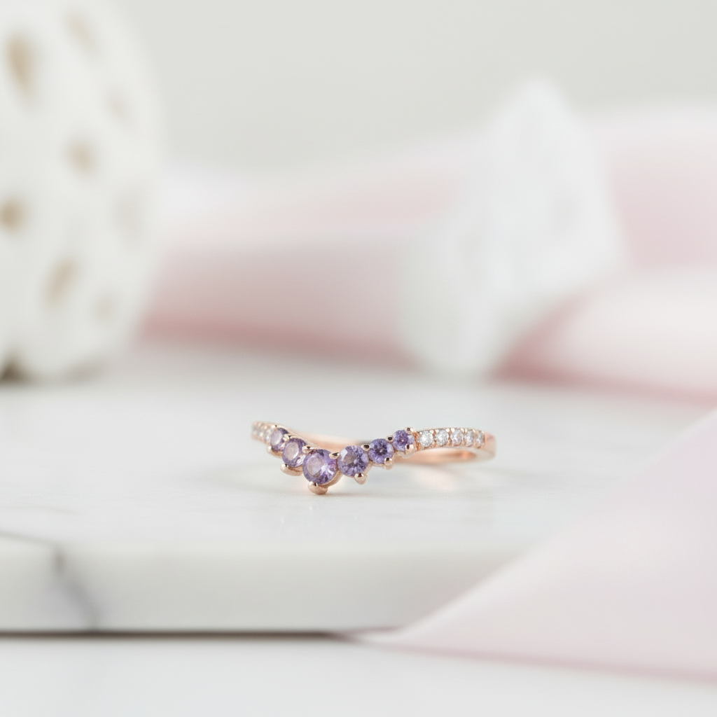 Rose Gold Amethyst Purple Thin Stacking Wedding Band-Black Diamonds New York