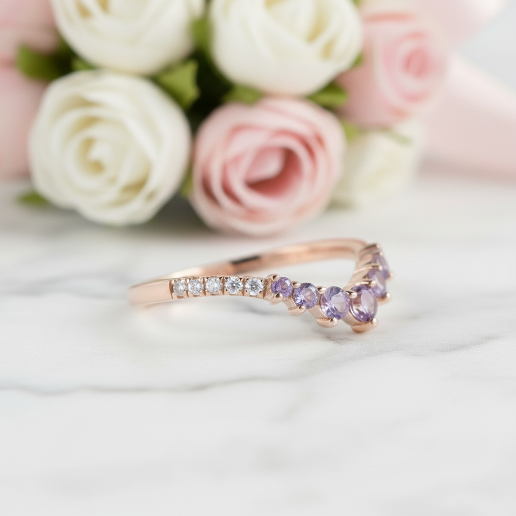 Rose Gold Amethyst Purple Thin Stacking Wedding Band-Black Diamonds New York