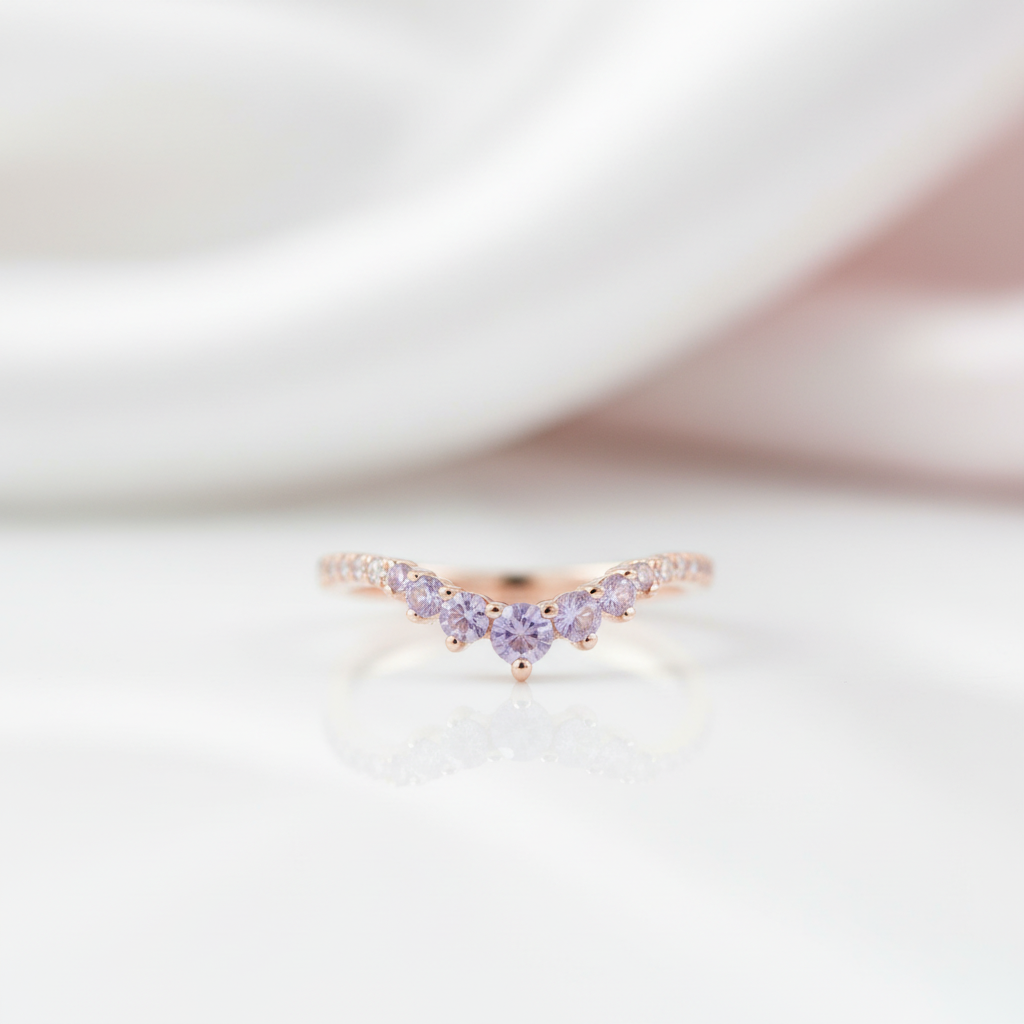 Rose Gold Amethyst Purple Thin Stacking Wedding Band-Black Diamonds New York