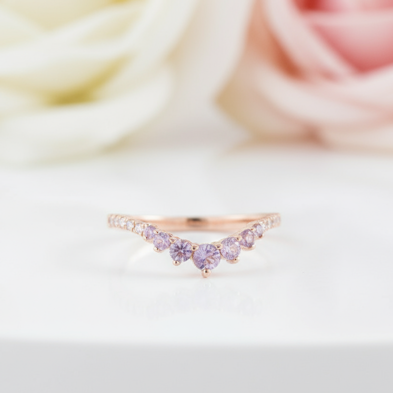 Rose Gold Amethyst Purple Thin Stacking Wedding Band-Black Diamonds New York