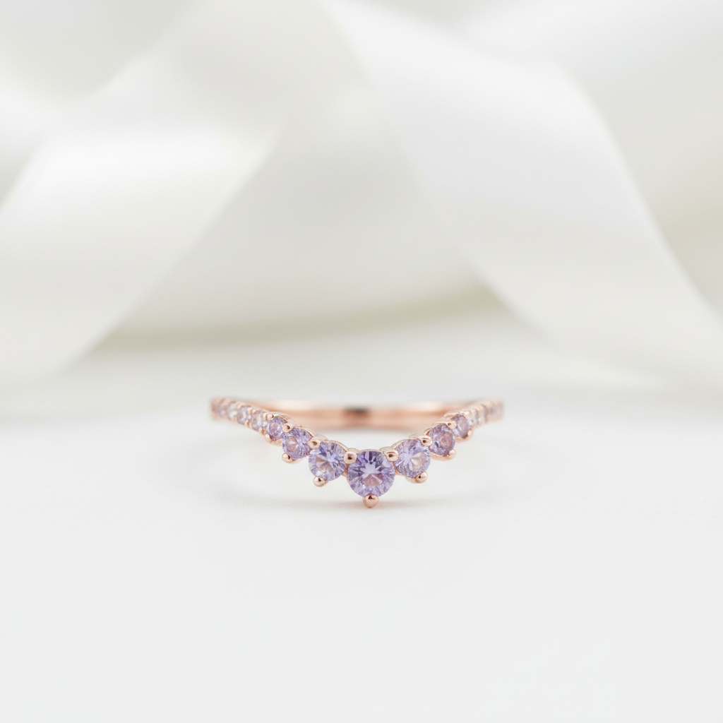 Rose Gold Amethyst Purple Thin Stacking Wedding Band-Black Diamonds New York