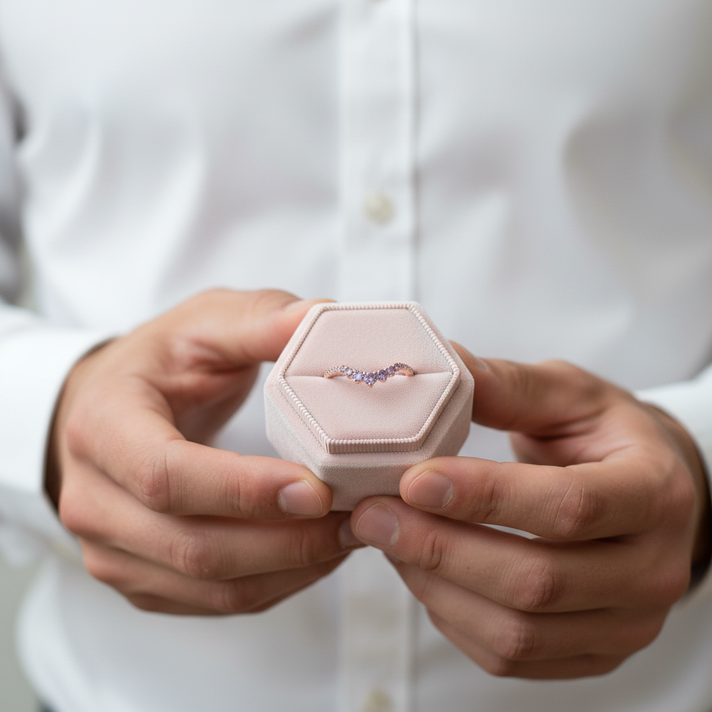 Rose Gold Amethyst Purple Thin Stacking Wedding Band-Black Diamonds New York