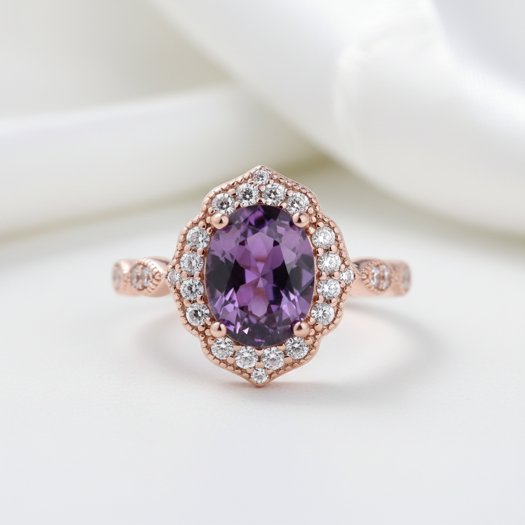 Rose Gold Amethyst Stone Halo Oval Cut Vintage Wedding Set-Black Diamonds New York
