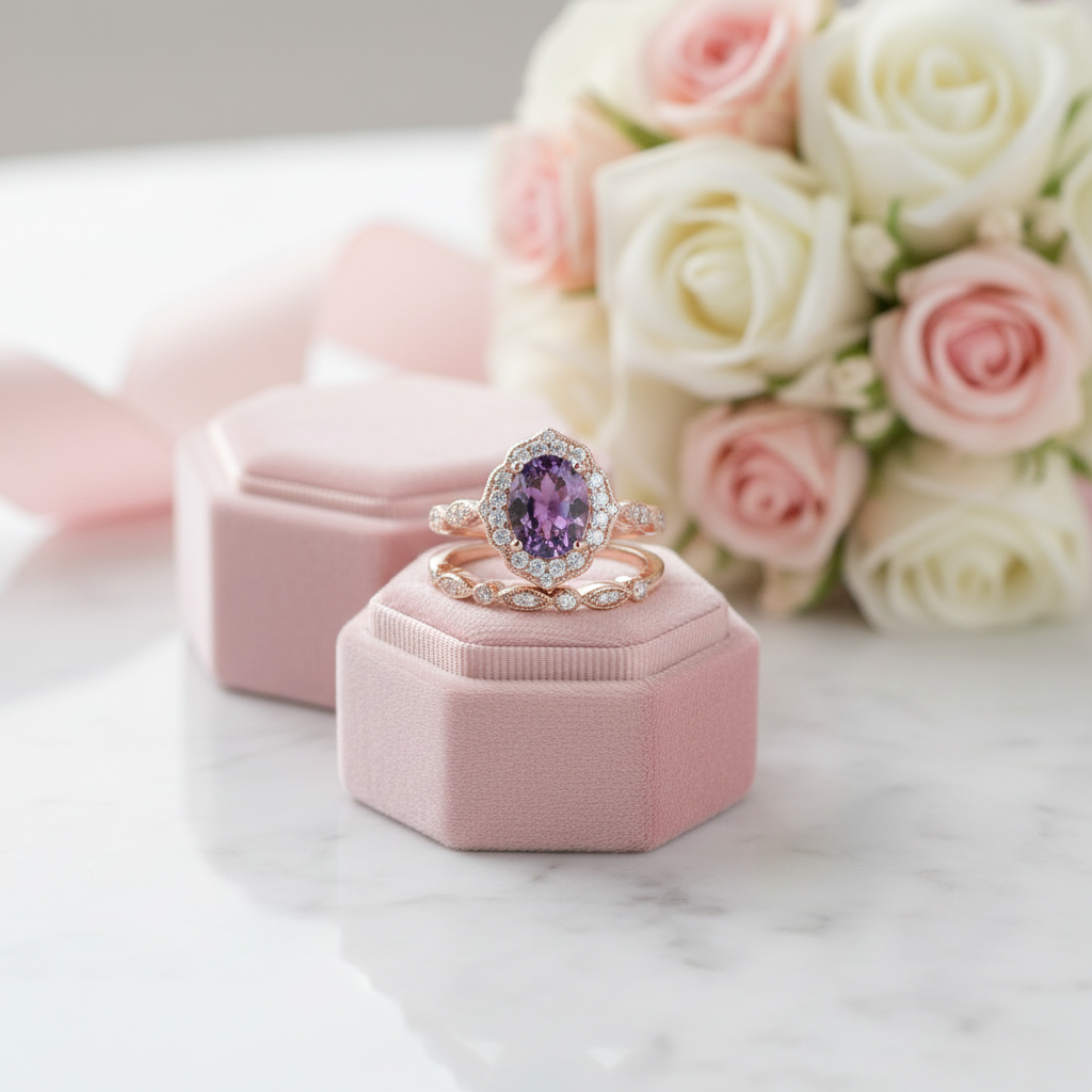 Rose Gold Amethyst Stone Halo Oval Cut Vintage Wedding Set-Black Diamonds New York