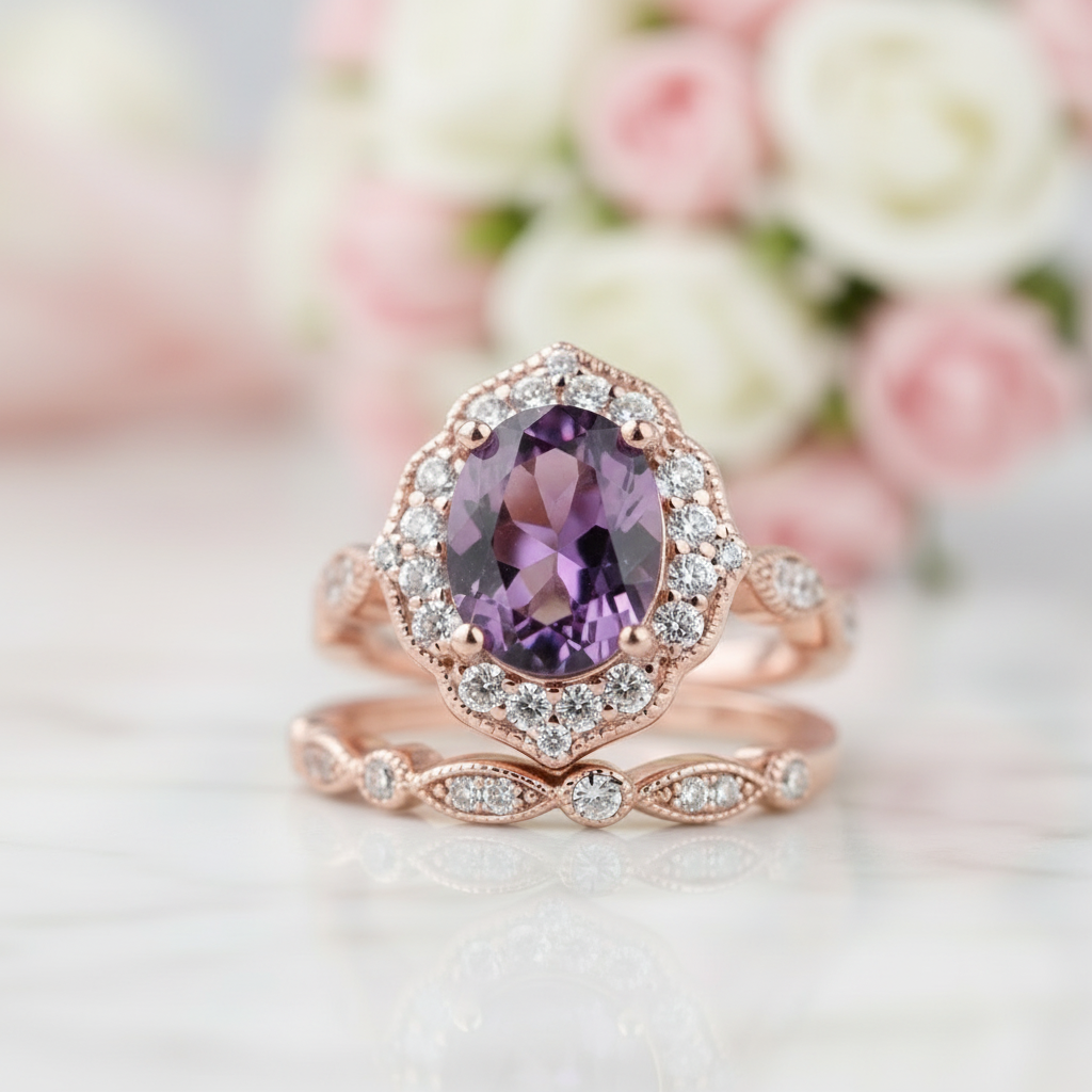 Rose Gold Amethyst Stone Halo Oval Cut Vintage Wedding Set-Black Diamonds New York