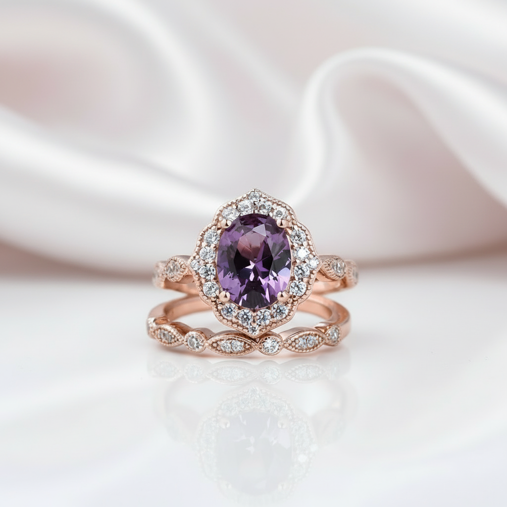 Rose Gold Amethyst Stone Halo Oval Cut Vintage Wedding Set-Black Diamonds New York