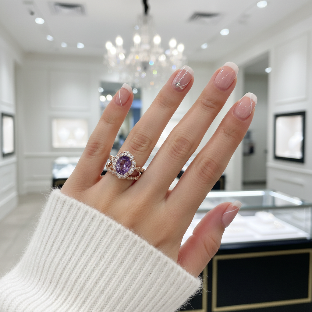 Rose Gold Amethyst Stone Halo Oval Cut Vintage Wedding Set-Black Diamonds New York