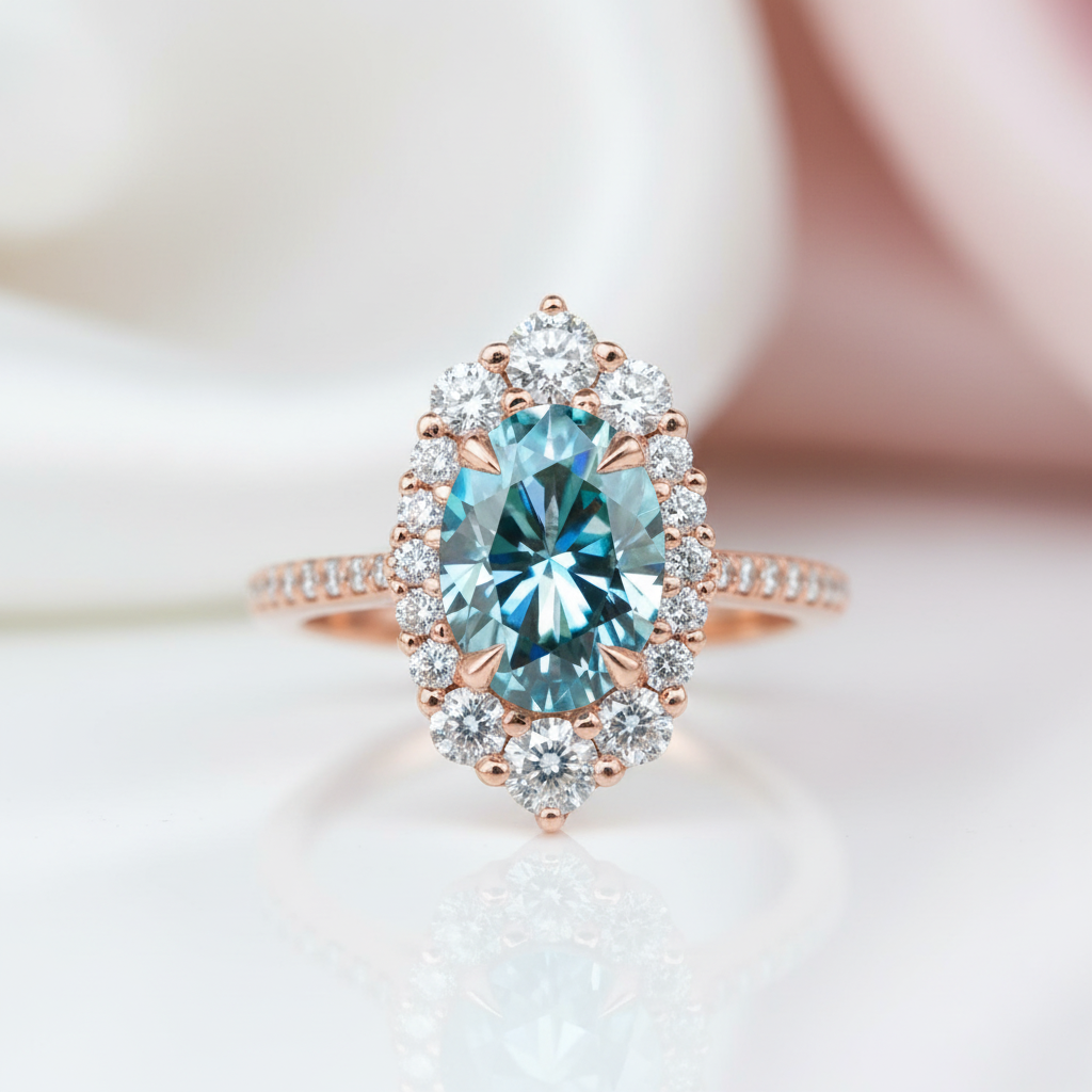 Rose Gold Aquamarine Oval Cut Engagement Ring-Black Diamonds New York