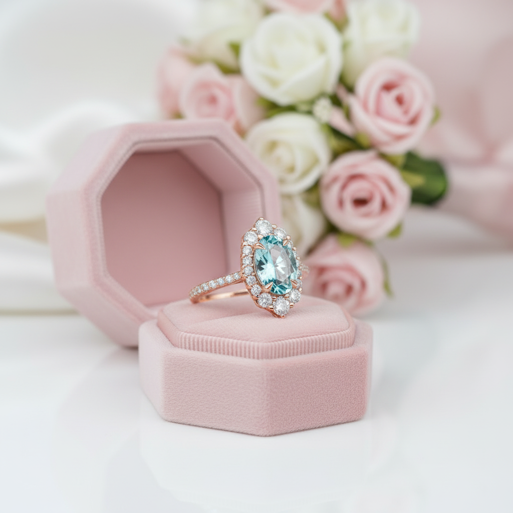 Rose Gold Aquamarine Oval Cut Engagement Ring-Black Diamonds New York