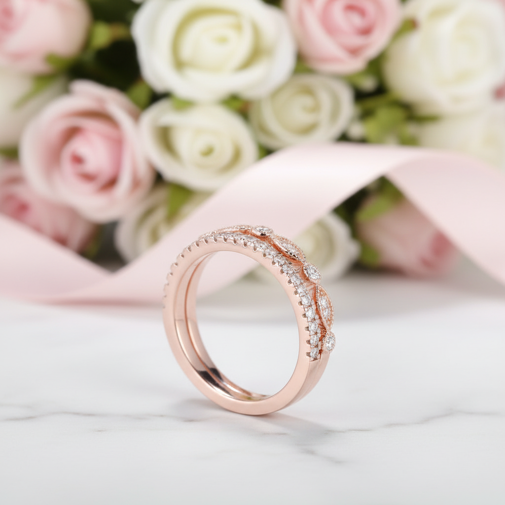 Rose Gold Art Deco Half Eternity Stacking Wedding Band Set-Black Diamonds New York