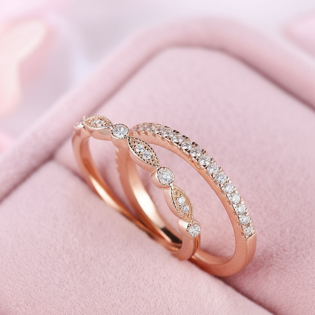 Rose Gold Art Deco Half Eternity Stacking Wedding Band Set-Black Diamonds New York