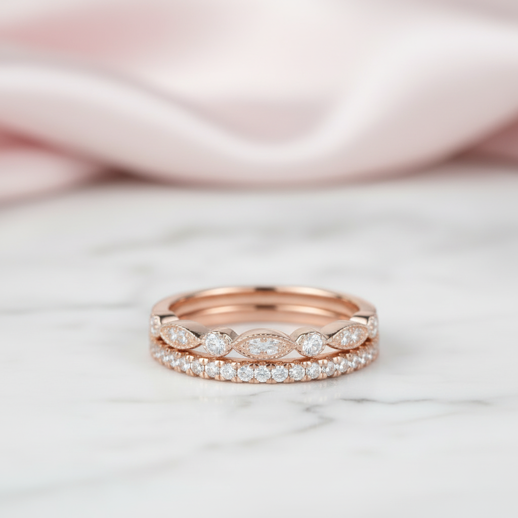 Rose Gold Art Deco Half Eternity Stacking Wedding Band Set-Black Diamonds New York