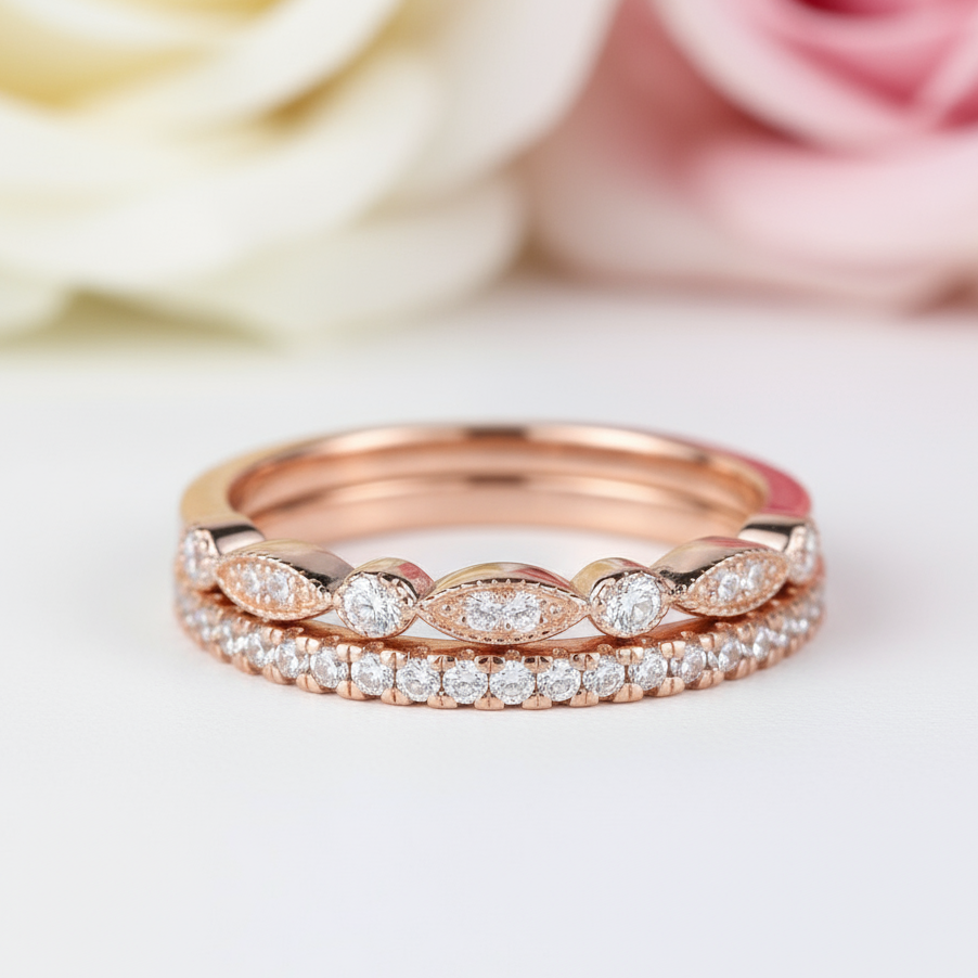 Rose Gold Art Deco Half Eternity Stacking Wedding Band Set-Black Diamonds New York