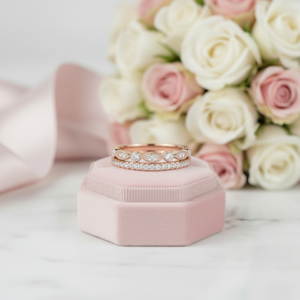 Rose Gold Art Deco Half Eternity Stacking Wedding Band Set-Black Diamonds New York