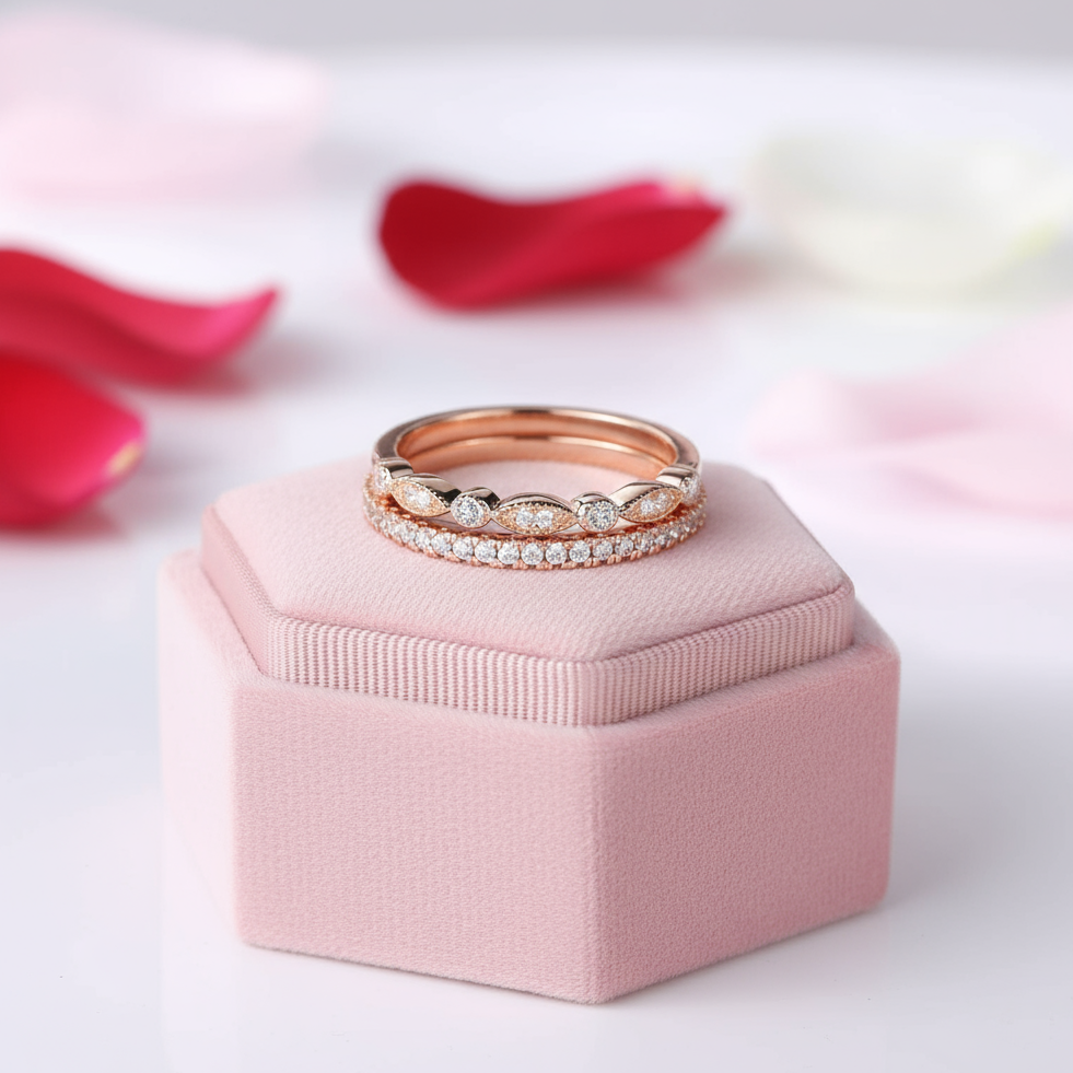 Rose Gold Art Deco Half Eternity Stacking Wedding Band Set-Black Diamonds New York