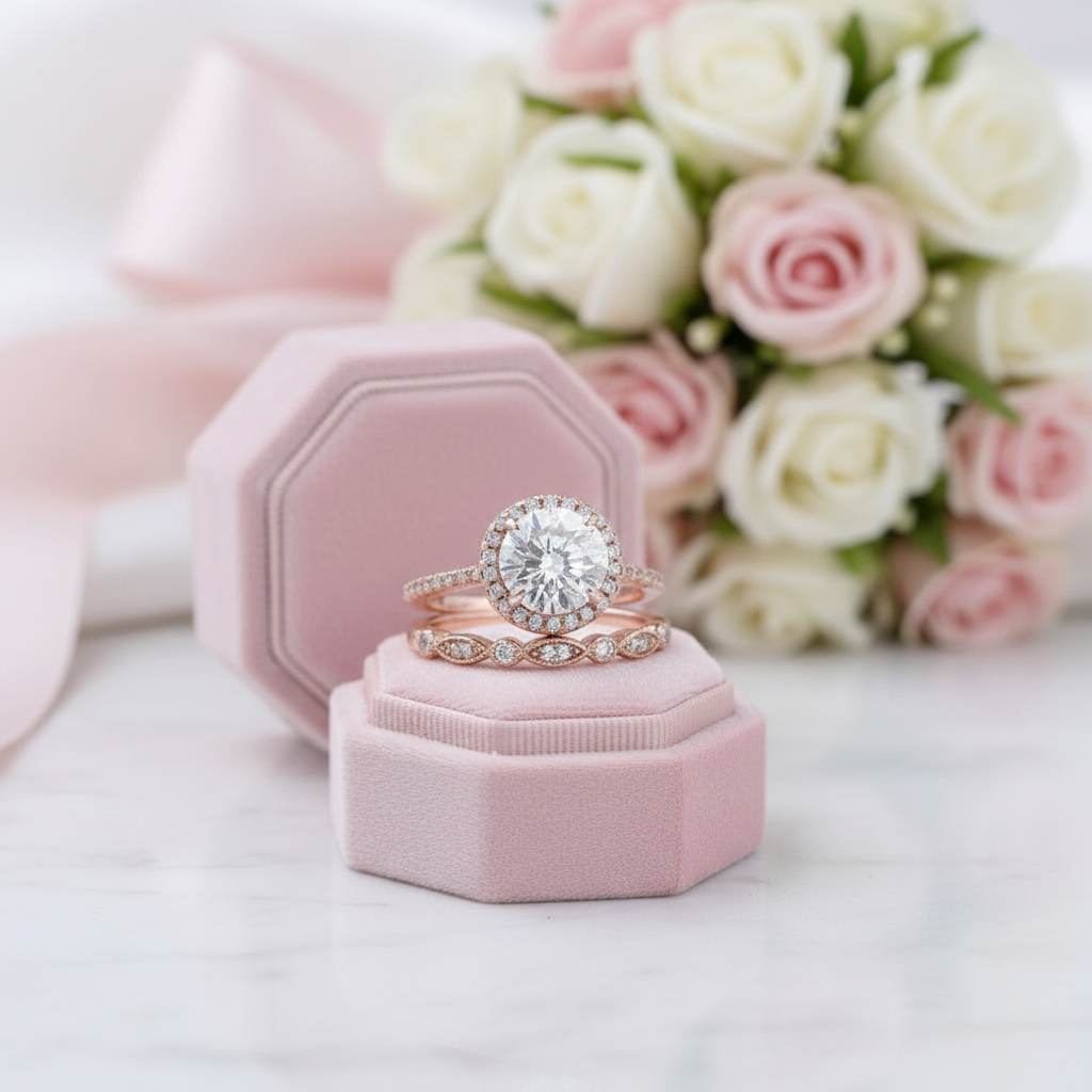 Rose Gold Art Deco Halo Round Cut Wedding Ring Set-Black Diamonds New York