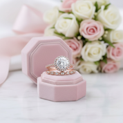 Rose Gold Art Deco Halo Round Cut Wedding Ring Set-Black Diamonds New York