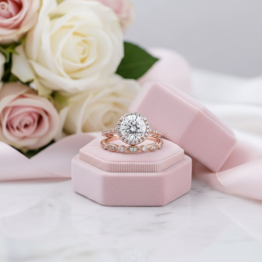 Rose Gold Art Deco Halo Round Cut Wedding Ring Set-Black Diamonds New York