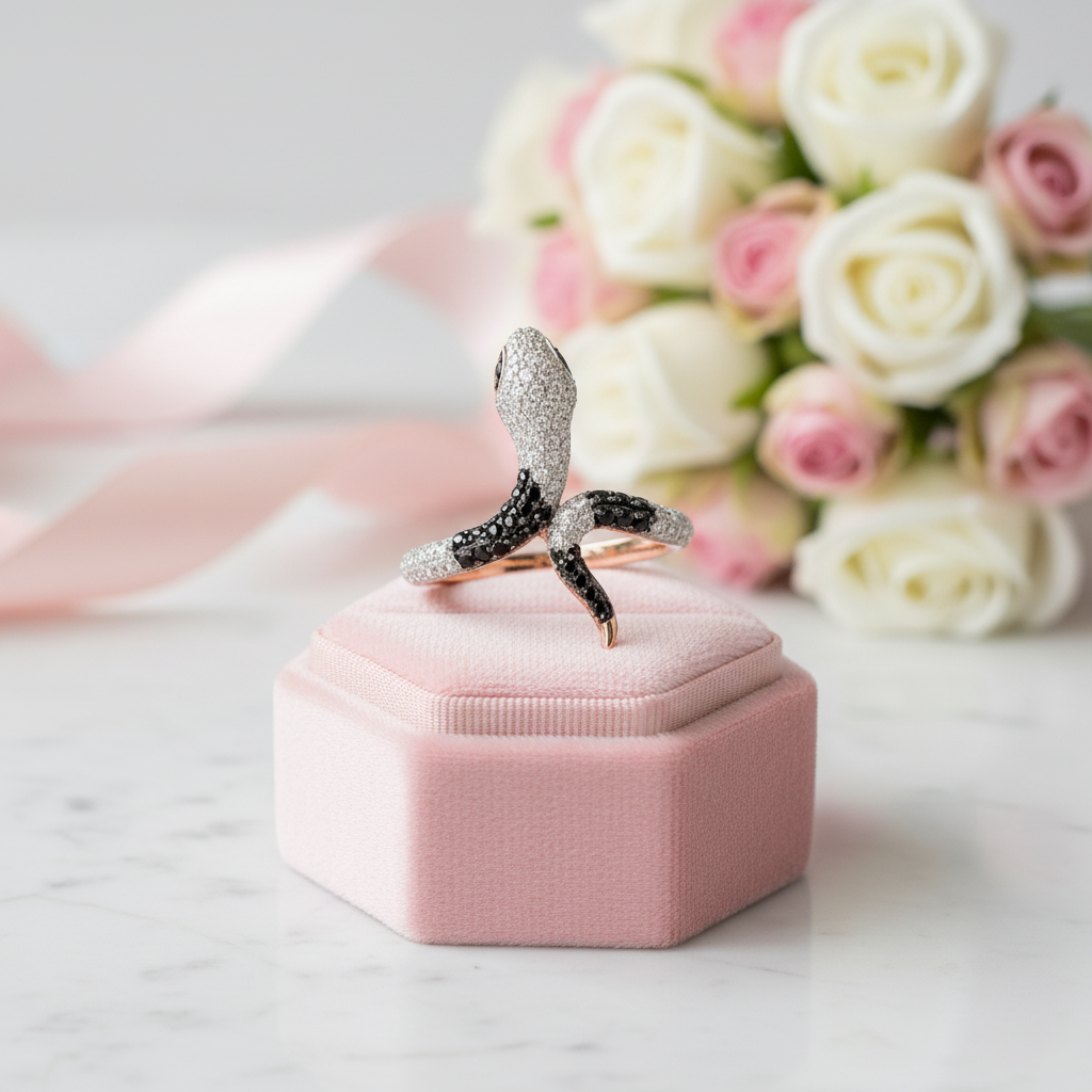 Rose Gold Black Spinel with Diamond Option Snake Ring-Black Diamonds New York