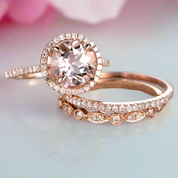 Rose Gold Champagne Sapphire Halo Round Cut 3pcs Wedding Ring Set-Black Diamonds New York