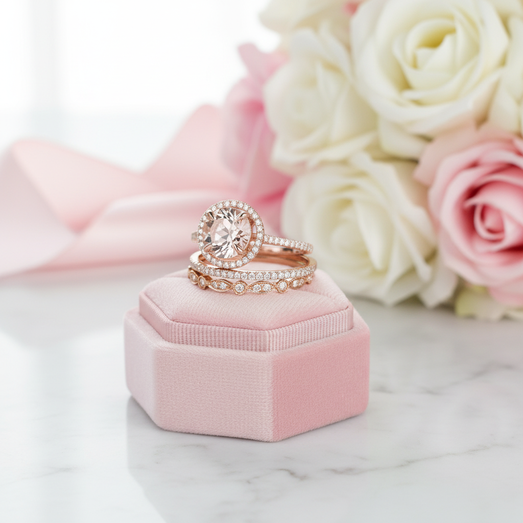 Two diamond rings on a pink velvet box with flowers in the background