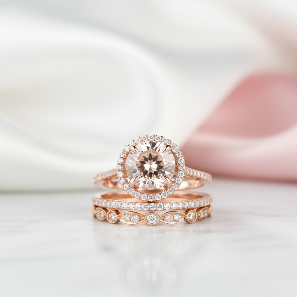 Rose Gold Champagne Sapphire Halo Round Cut 3pcs Wedding Ring Set-Black Diamonds New York