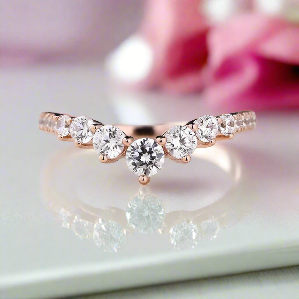 Rose Gold Chic Thin V Shaped Stacking Wedding Band-Black Diamonds New York