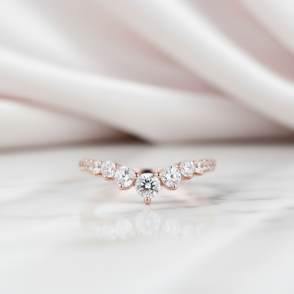 Rose Gold Chic Thin V Shaped Stacking Wedding Band-Black Diamonds New York
