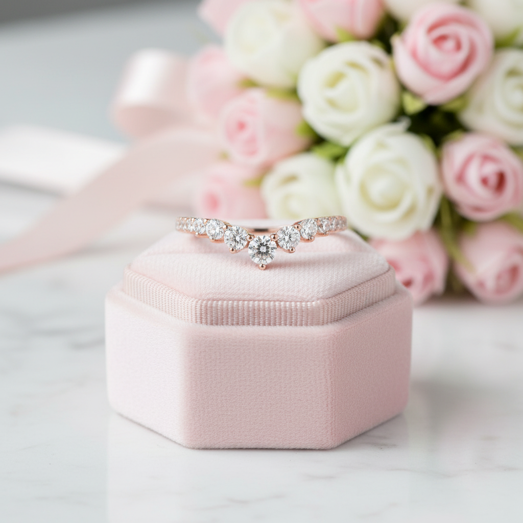 Rose Gold Chic Thin V Shaped Stacking Wedding Band-Black Diamonds New York