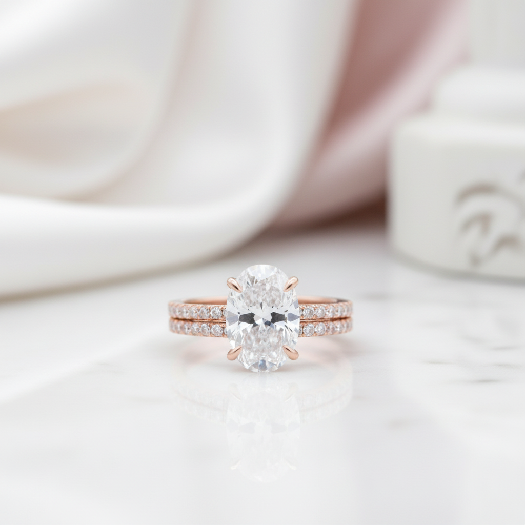 Rose Gold Classic 3.5ct Oval Cut Wedding Ring Set-Black Diamonds New York