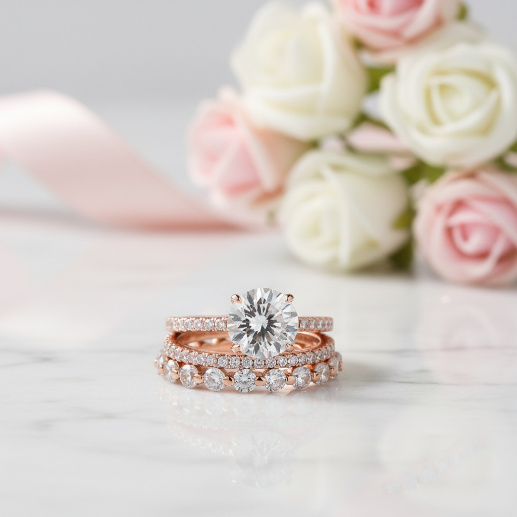 Rose Gold Classic Round Cut Wedding Set-Black Diamonds New York